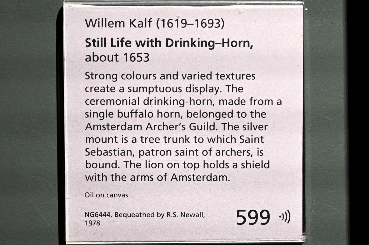 Willem Kalf (1642–1678), Stillleben mit Trinkhorn, London, National Gallery, Saal 25, um 1653, Bild 2/2