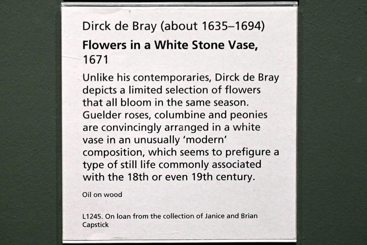 Dirck de Bray (1671), Blumen in einer weißen Steinvase, London, National Gallery, Saal 28, 1671, Bild 2/2