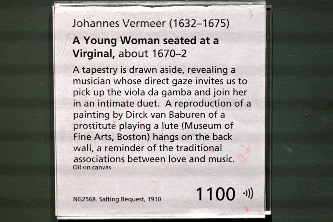 Jan Vermeer (Johannes Vermeer) (1654–1672), Junge Frau sitzend an einem Virginal, London, National Gallery, Saal 27, um 1670–1672, Bild 3/3