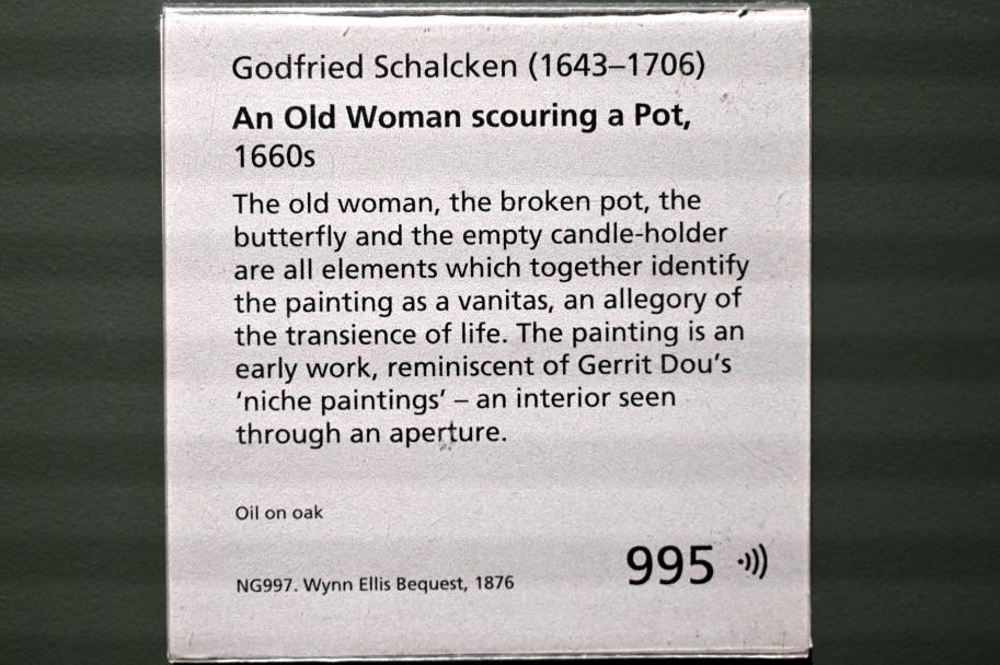 Godefridus Schalcken (Godfried Schalcken) (1665–1692), Alte Frau beim Topfscheuern, London, National Gallery, Saal 27, um 1660–1670, Bild 2/2