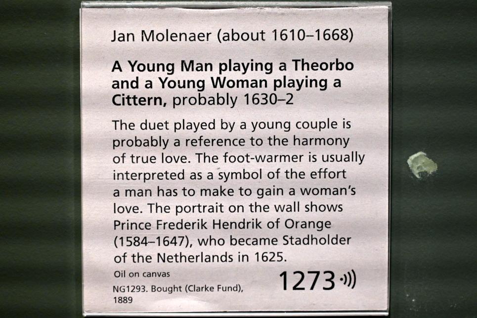 Jan Miense Molenaer (1631–1650), Junger Mann mit Theorbe und junge Frau mit Zister, London, National Gallery, Saal 27, um 1630–1632, Bild 2/2