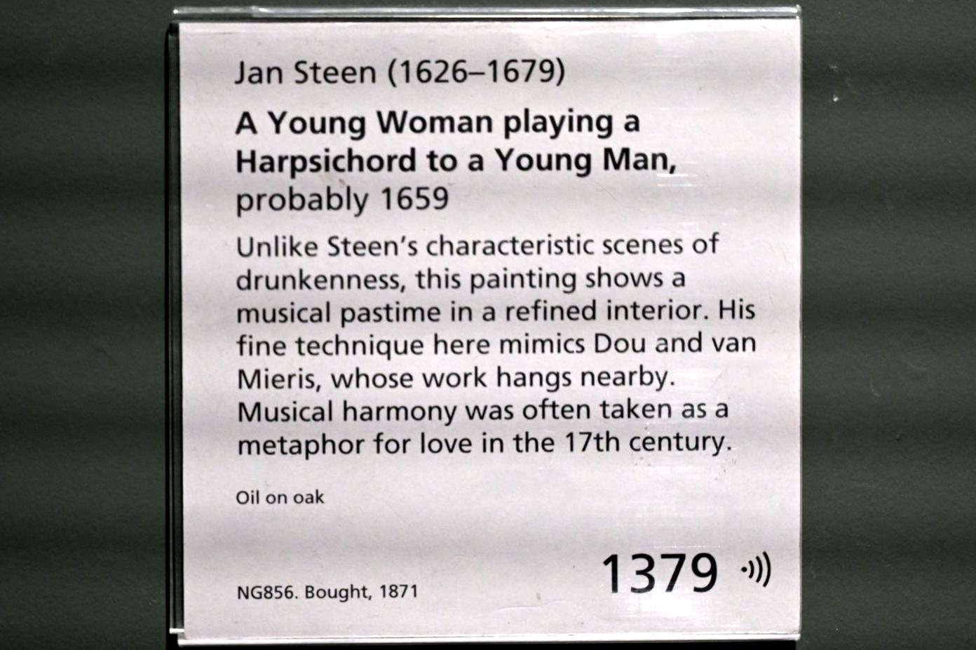 Jan Havickszoon Steen (1650–1678), Junge Frau spielt einem jungen Mann auf dem Cembalo, London, National Gallery, Saal 27, 1659, Bild 2/2