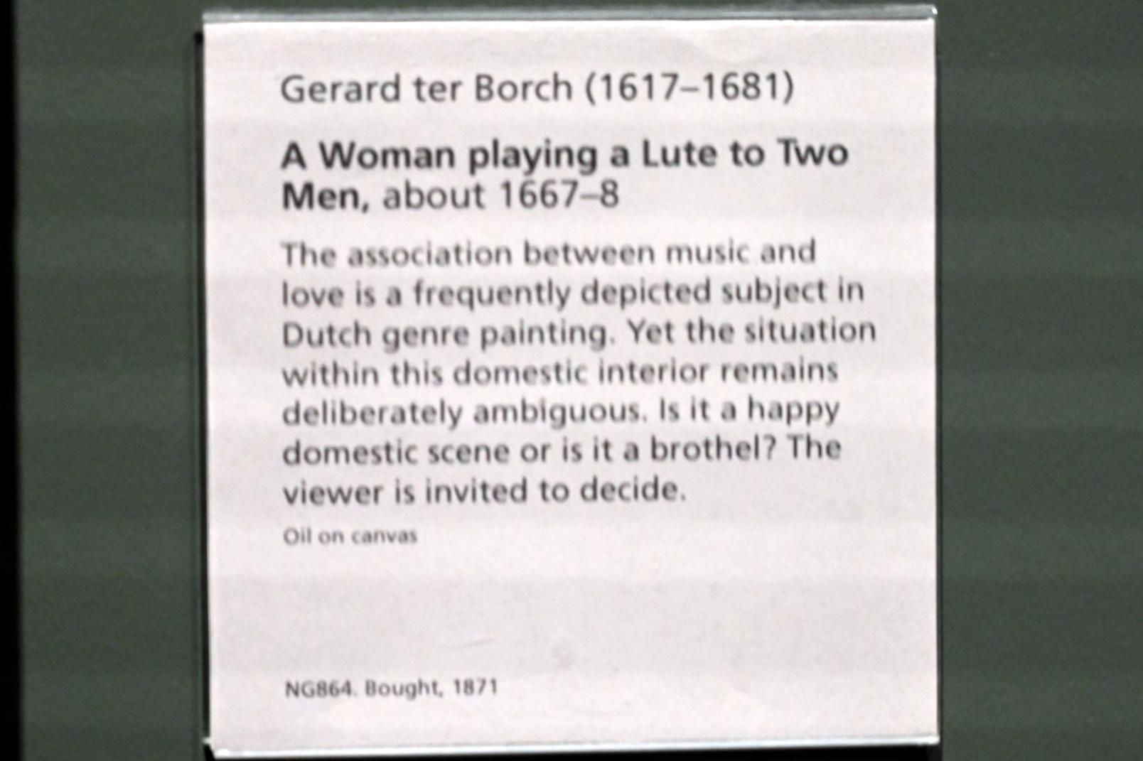 Gerard ter Borch (1635–1675), Junge Frau spielt zwei Männern die Laute, London, National Gallery, Saal 27, um 1667–1668, Bild 2/2