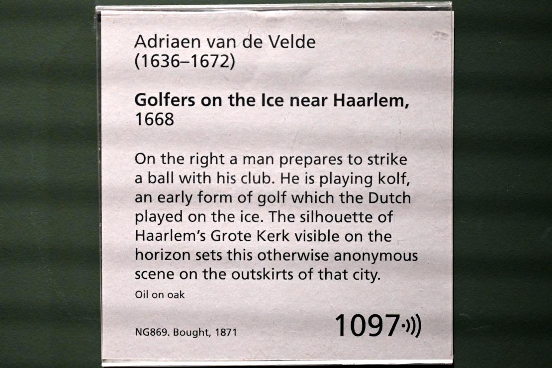 Adriaen van de Velde (1658–1668), Eisgolfer bei Haarlem, London, National Gallery, Saal 26, 1668, Bild 2/2