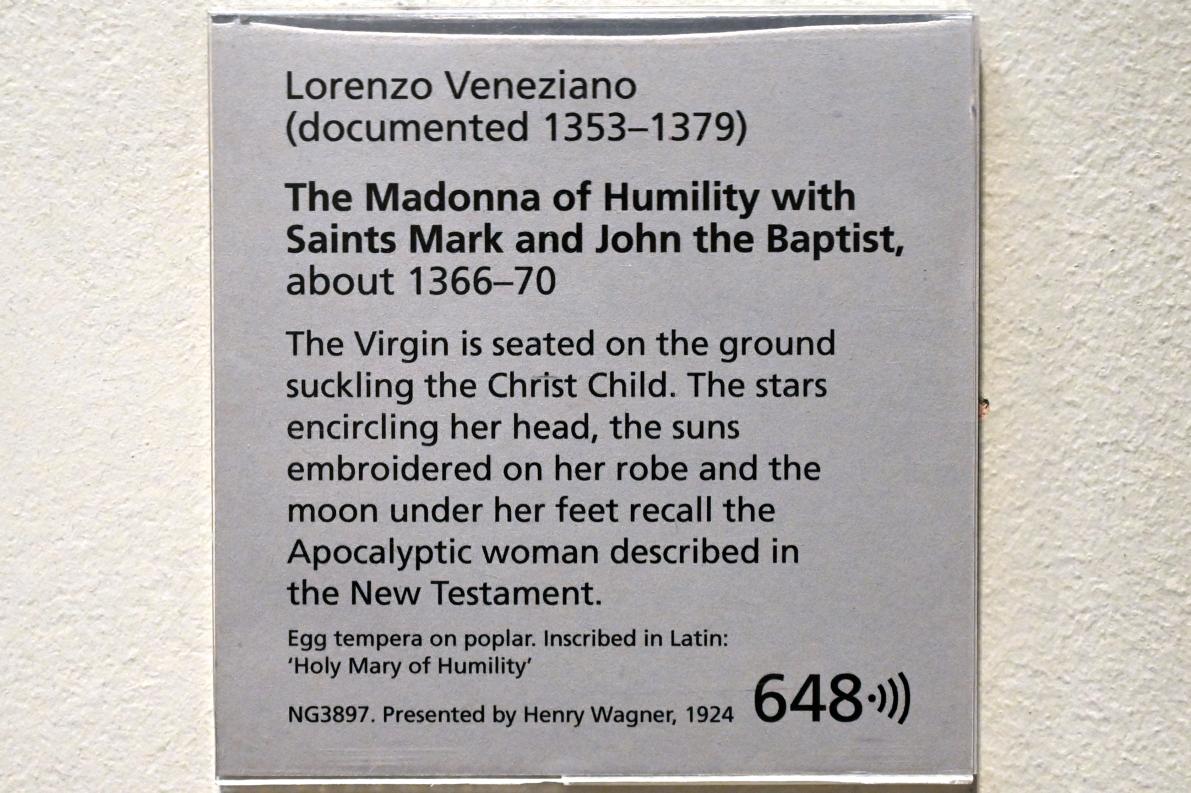 Lorenzo Veneziano (1362–1372), Madonna der Demut mit den Evangelisten Markus und Johannes dem Täufer, London, National Gallery, Saal 51, um 1366–1370, Bild 2/2
