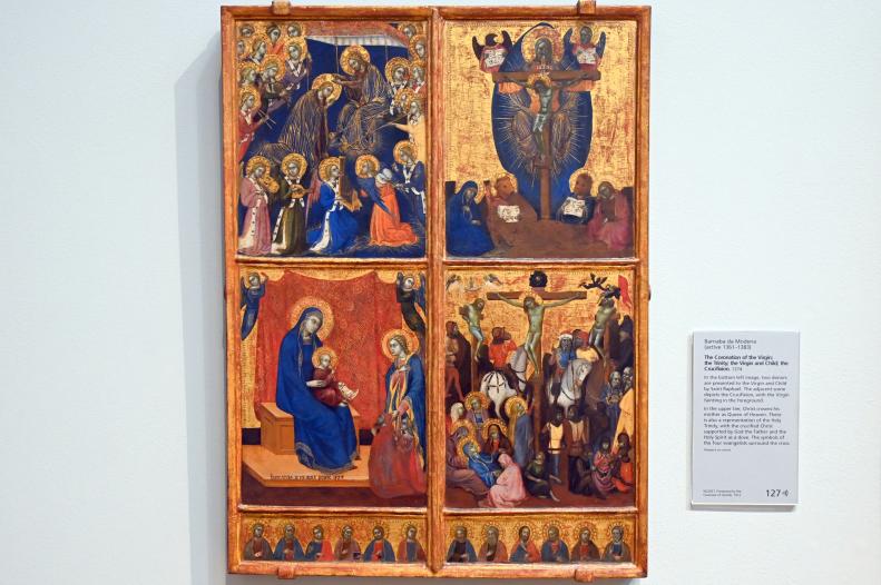 Barnaba da Modena (Barnaba Agocchiari) (1350–1377), Marienkrönung, Dreifaltigkeit, Maria mit Kind, Kreuzigung, London, National Gallery, Saal 51, 1374
