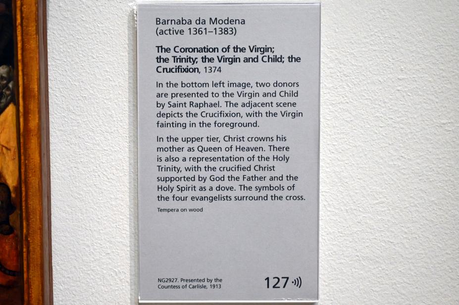 Barnaba da Modena (Barnaba Agocchiari) (1350–1377), Marienkrönung, Dreifaltigkeit, Maria mit Kind, Kreuzigung, London, National Gallery, Saal 51, 1374, Bild 2/2