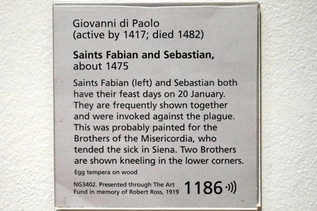 Giovanni di Paolo (1435–1475), Die Heiligen Fabian und Sebastian, London, National Gallery, Saal 52, um 1475, Bild 2/2