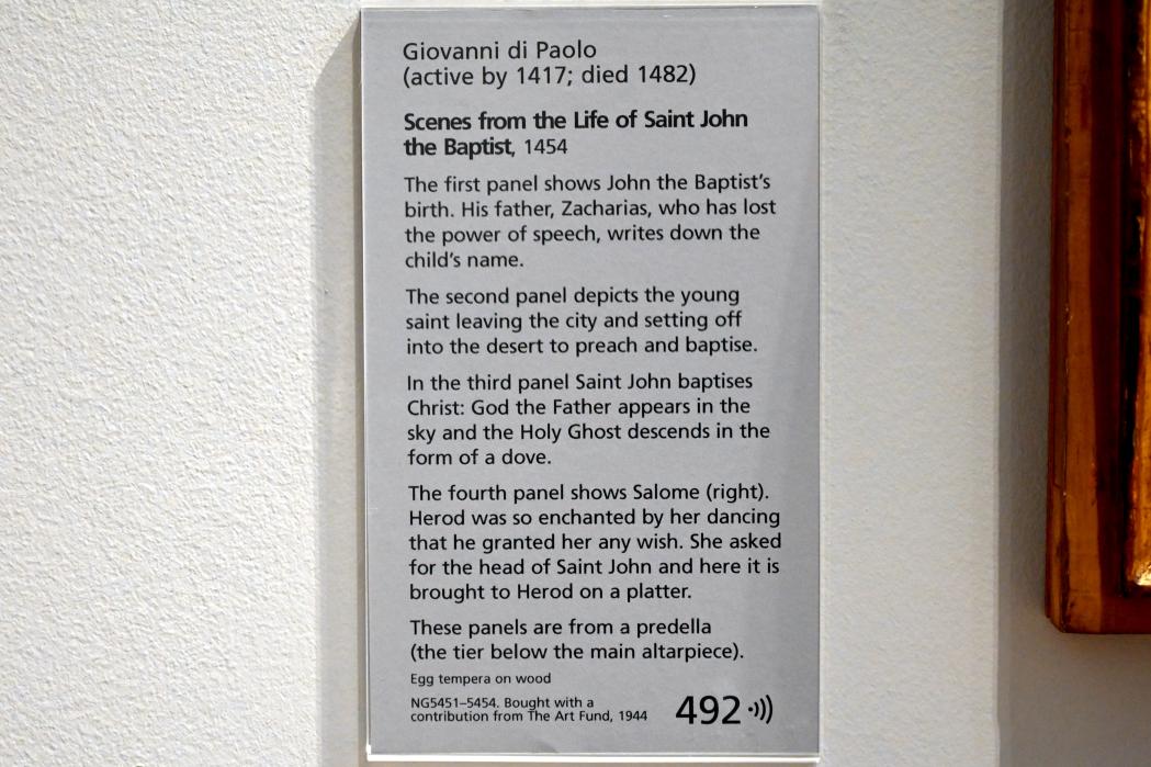 Giovanni di Paolo (1435–1475), Szene aus dem Leben Johannes' des Täufers: Johannesschüssel, London, National Gallery, Saal 52, 1454, Bild 2/2
