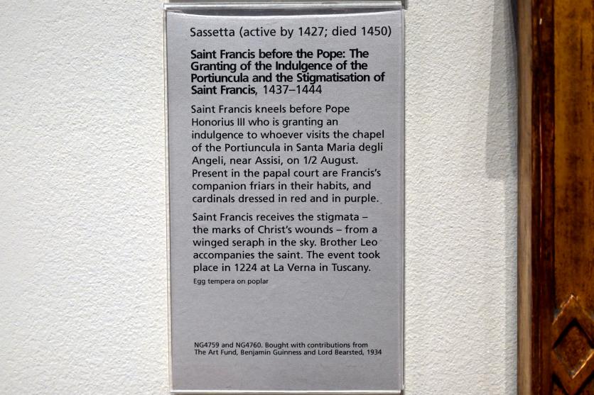 Stefano di Giovanni di Consolo (Sassetta) (1432–1444), Der heilige Franziskus vor Papst Honorius III: Gewährung des umfassenden Portiunkula-Ablasses, Sansepolcro, Chiesa di San Francesco, jetzt London, National Gallery, Saal 52, 1437–1444, Bild 2/2