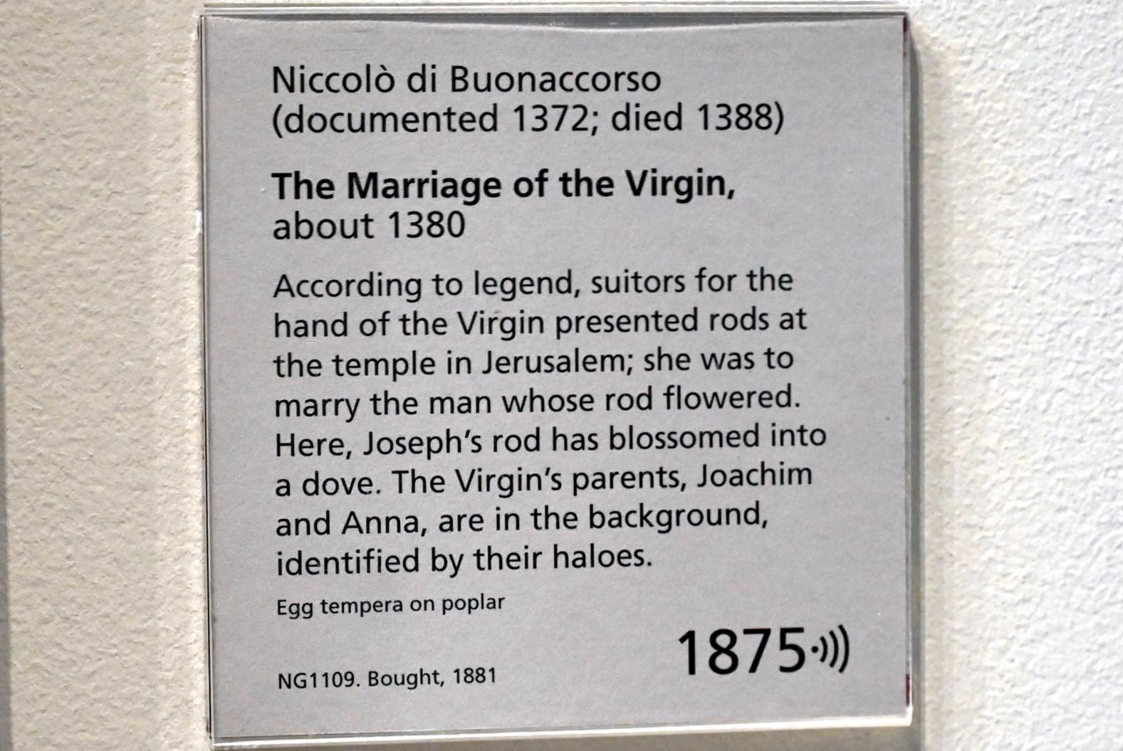 Niccolò di Buonaccorso (1380–1384), Vermählung Mariens, London, National Gallery, Saal 52, um 1380, Bild 2/2