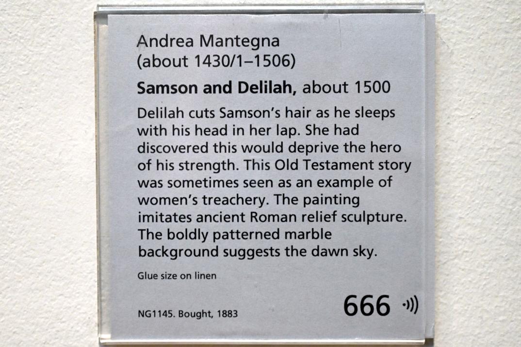 Andrea Mantegna (1451–1505), Simson und Delila, London, National Gallery, Saal 54, um 1500, Bild 2/2