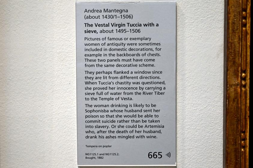 Andrea Mantegna (1451–1505), Die vestalische Jungfrau Tuccia mit einem Sieb, London, National Gallery, Saal 54, um 1495–1506, Bild 2/2