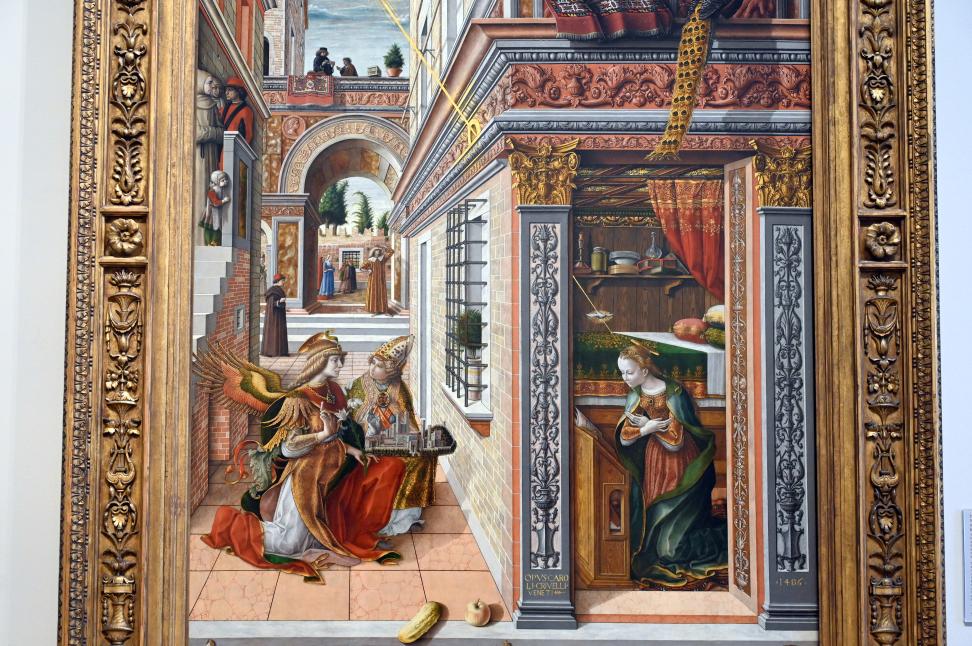 Carlo Crivelli (1472–1492), Mariä Verkündigung mit dem heiligen Emygdius, Ascoli Piceno, Chiesa della Santissima Annunziata, jetzt London, National Gallery, Saal 54, 1486, Bild 2/3