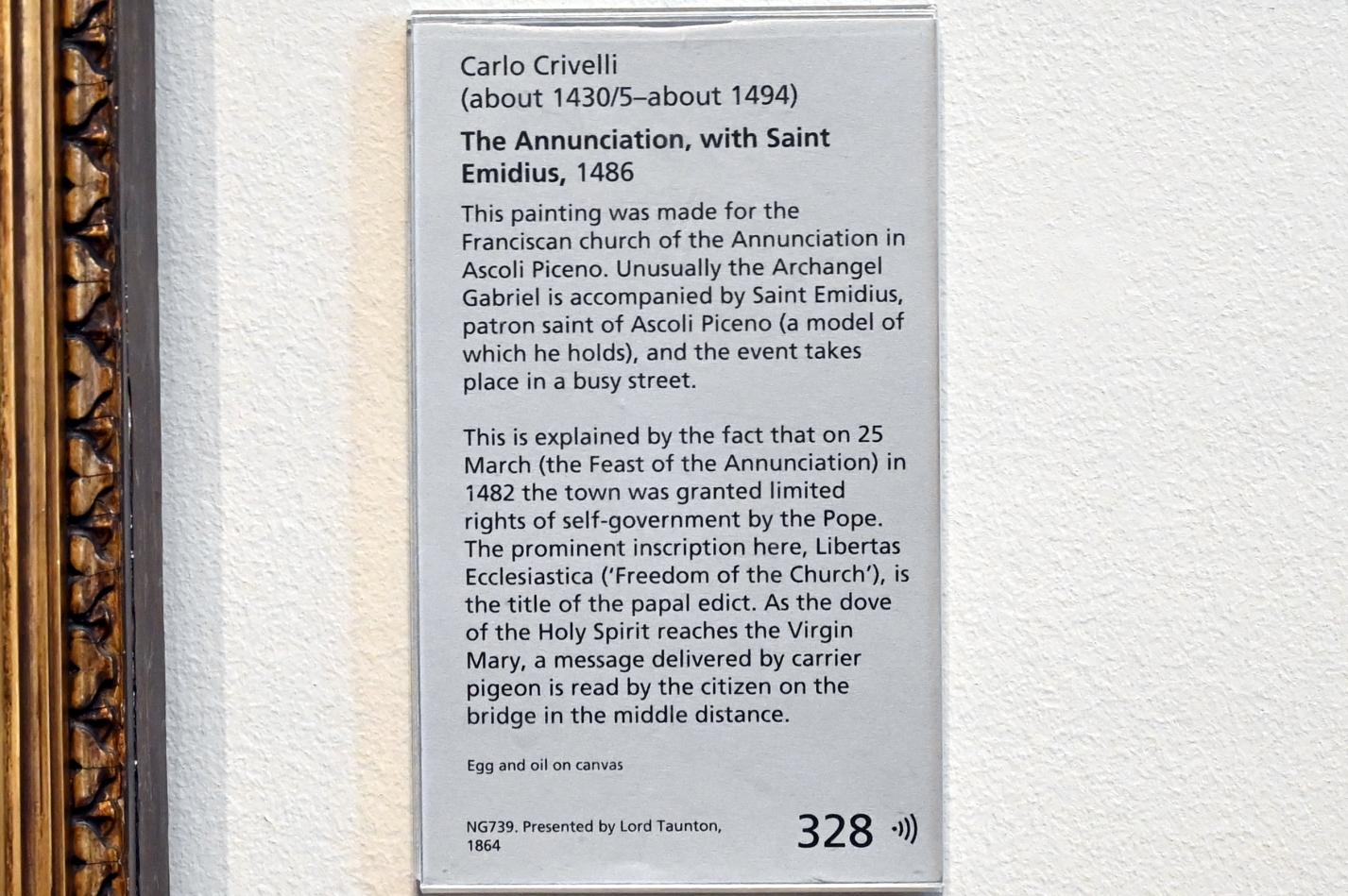 Carlo Crivelli (1472–1492), Mariä Verkündigung mit dem heiligen Emygdius, Ascoli Piceno, Chiesa della Santissima Annunziata, jetzt London, National Gallery, Saal 54, 1486, Bild 3/3