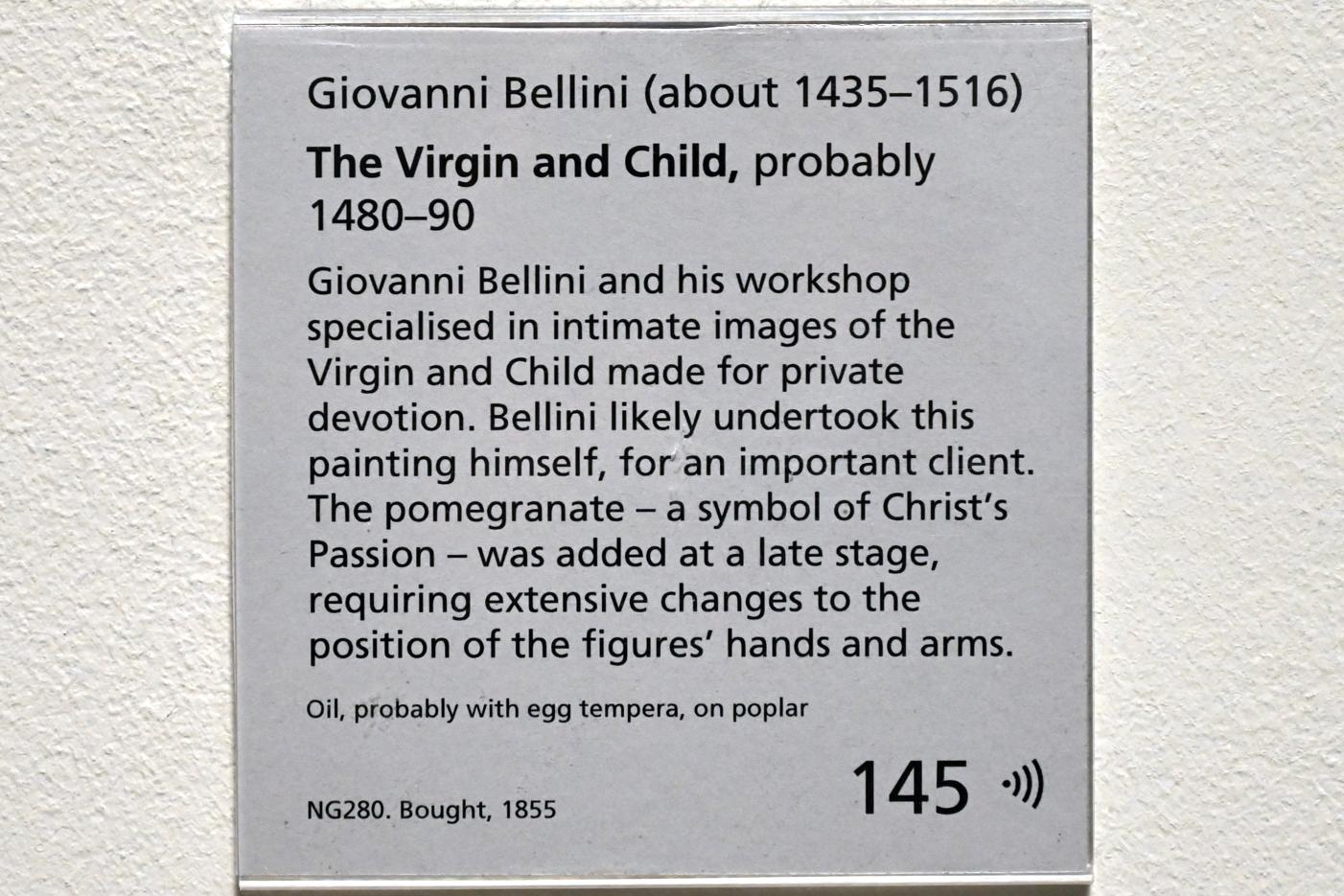 Giovanni Bellini (1452–1515), Maria mit Kind, London, National Gallery, Saal 55, um 1480–1490, Bild 2/2
