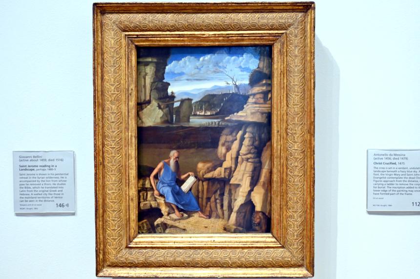 Giovanni Bellini (1452–1515), Der heilige Hieronymus liest in der Wildnis, London, National Gallery, Saal 55, um 1480–1485