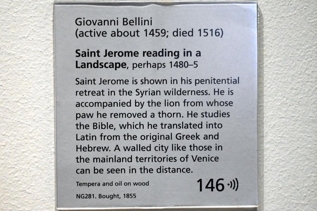 Giovanni Bellini (1452–1515), Der heilige Hieronymus liest in der Wildnis, London, National Gallery, Saal 55, um 1480–1485, Bild 2/2