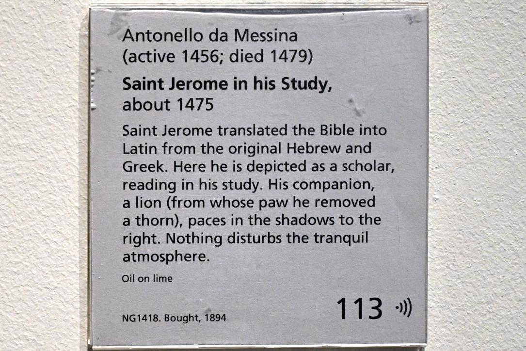 Antonello da Messina (1464–1478), Der heilige Hieronymus im Studierzimmer, London, National Gallery, Saal 55, um 1475, Bild 2/2
