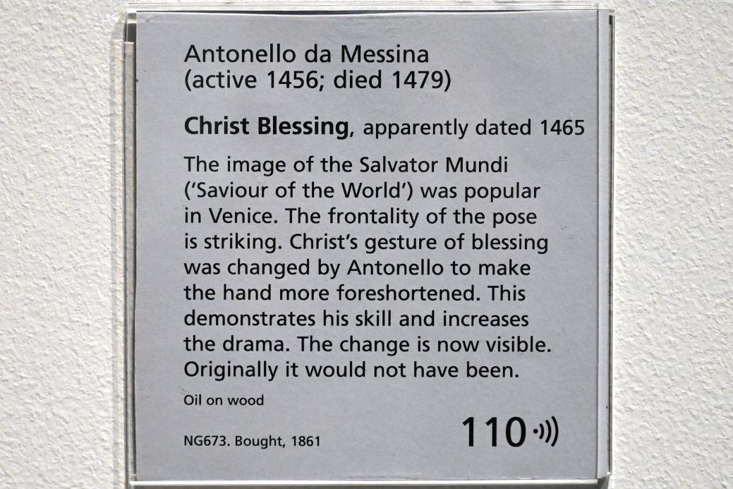 Antonello da Messina (1464–1478), Segnender Christus, London, National Gallery, Saal 55, 1465, Bild 2/2