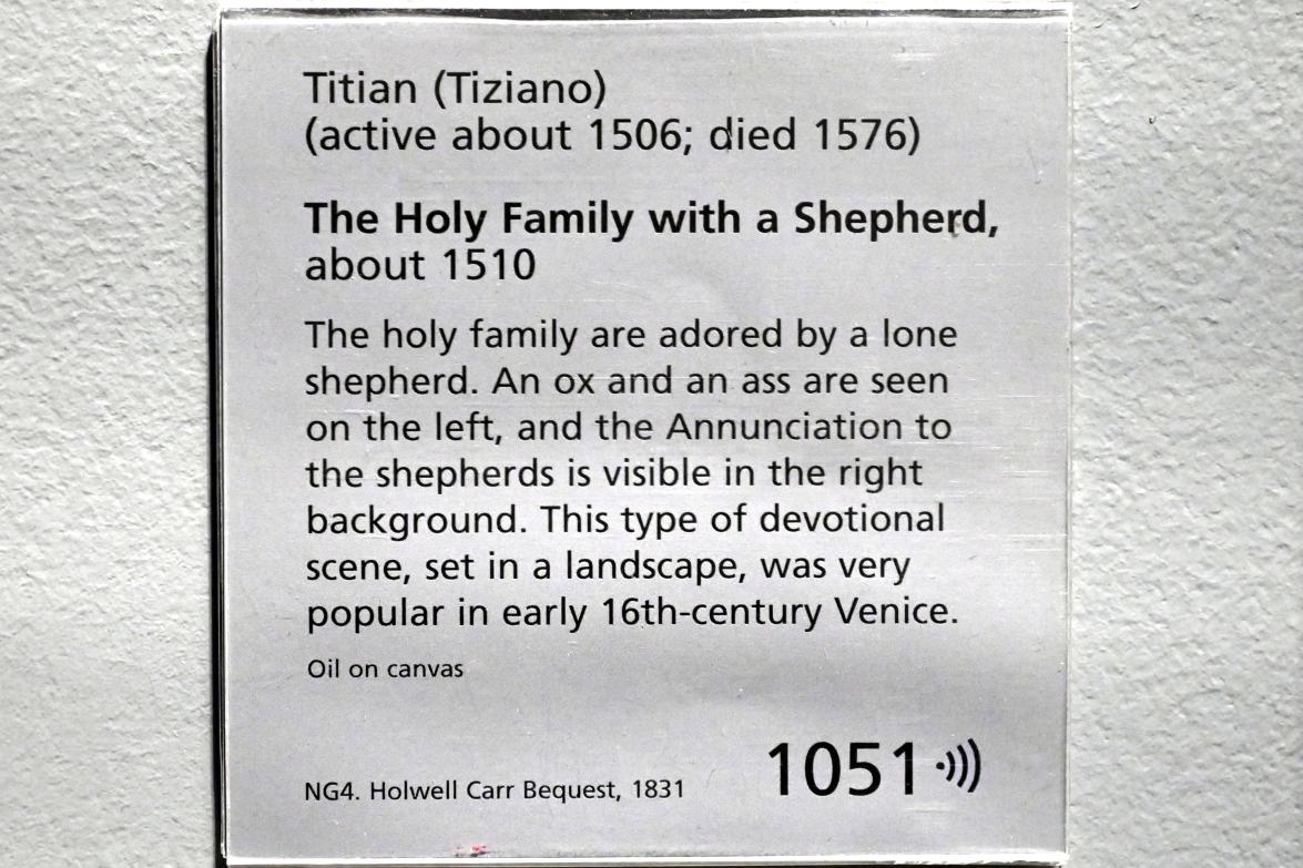 Tiziano Vecellio (Tizian) (1509–1575), Die Heilige Familie mit einem Hirten, London, National Gallery, Saal 56, um 1510, Bild 2/2