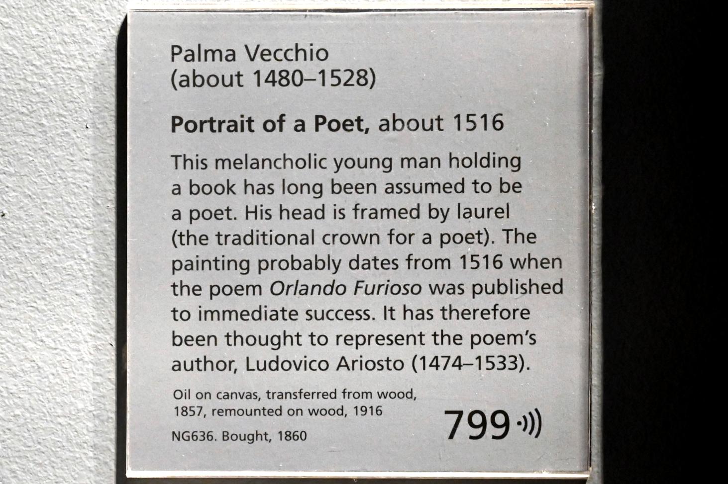 Jacopo Palma il Vecchio (Jacomo Nigretti de Lavalle) (1500–1526), Porträt eines Dichters, London, National Gallery, Saal 56, um 1516, Bild 2/2