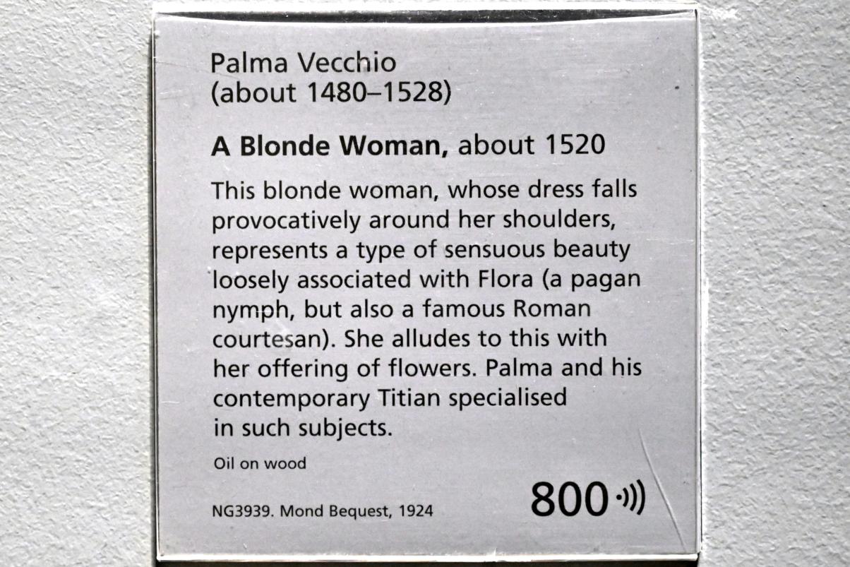 Jacopo Palma il Vecchio (Jacomo Nigretti de Lavalle) (1500–1526), Porträt einer blonden Frau, London, National Gallery, Saal 56, um 1520, Bild 2/2