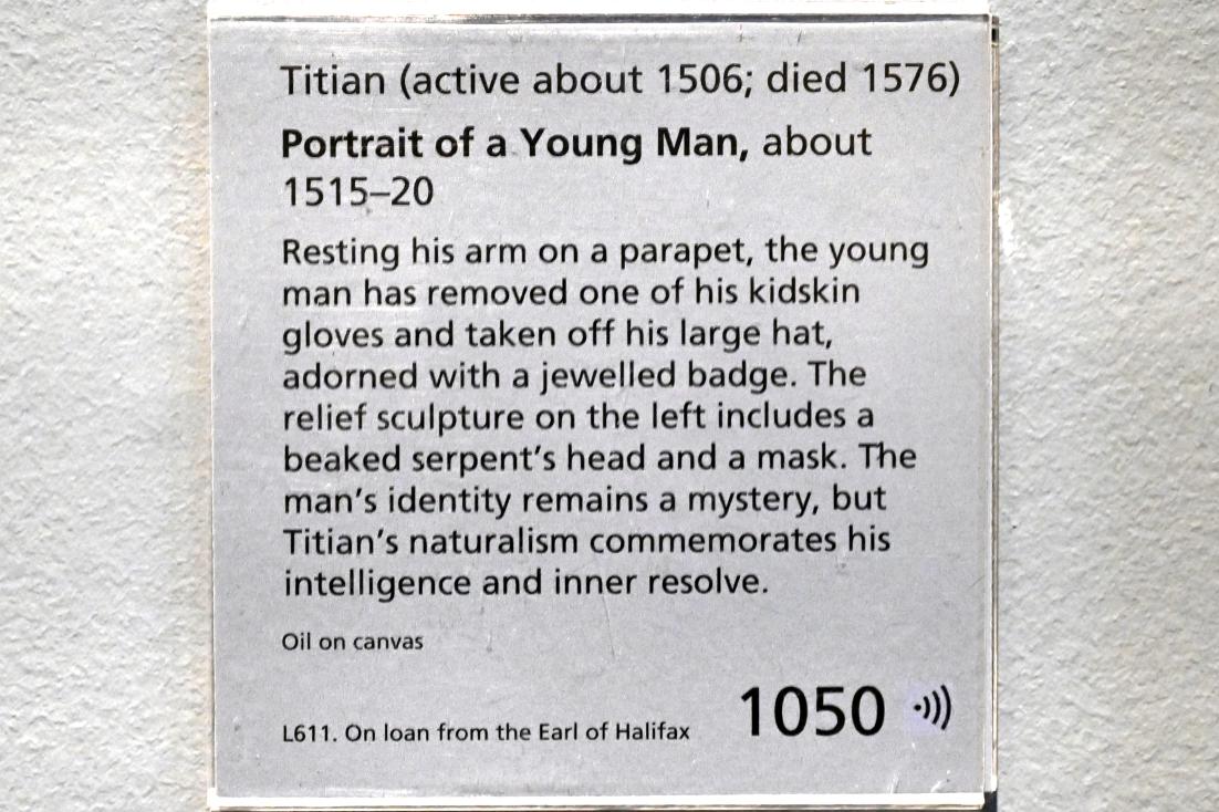 Tiziano Vecellio (Tizian) (1509–1575), Porträt eines jungen Mannes, London, National Gallery, Saal 56, um 1515–1520, Bild 2/2