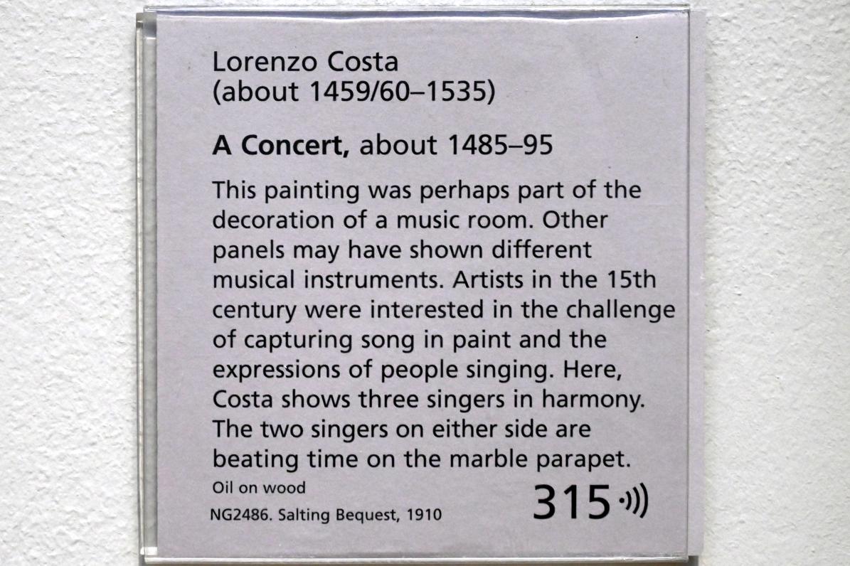 Lorenzo Costa der Ältere
 (1482–1522), Das Konzert, Ferrara, Castello Estense, jetzt London, National Gallery, Saal 57, um 1485–1495, Bild 2/2