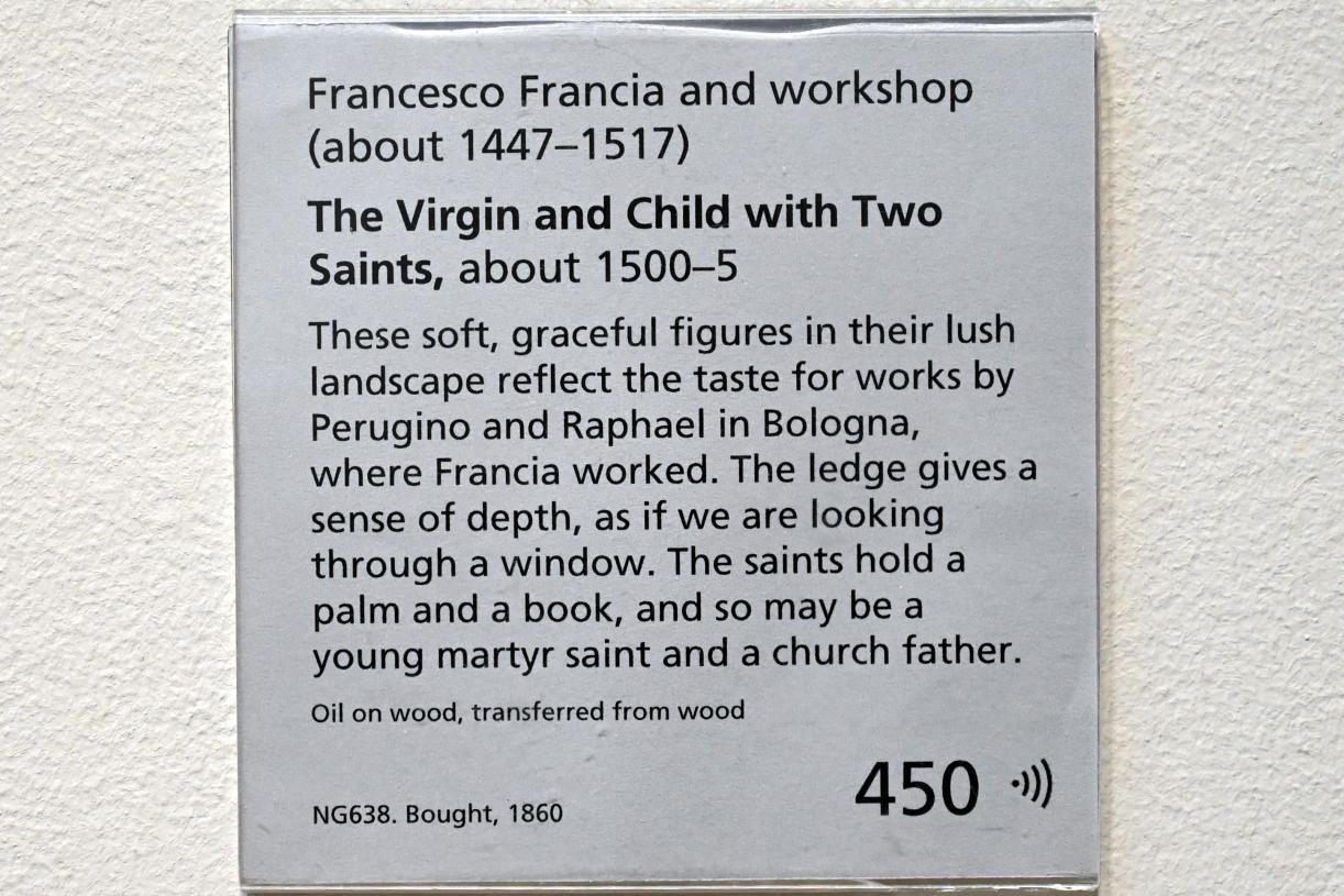 Francesco Francia (Raibolini) (1487–1515), Maria mit Kind und zwei Heiligen, London, National Gallery, Saal 57, um 1500–1505, Bild 2/2