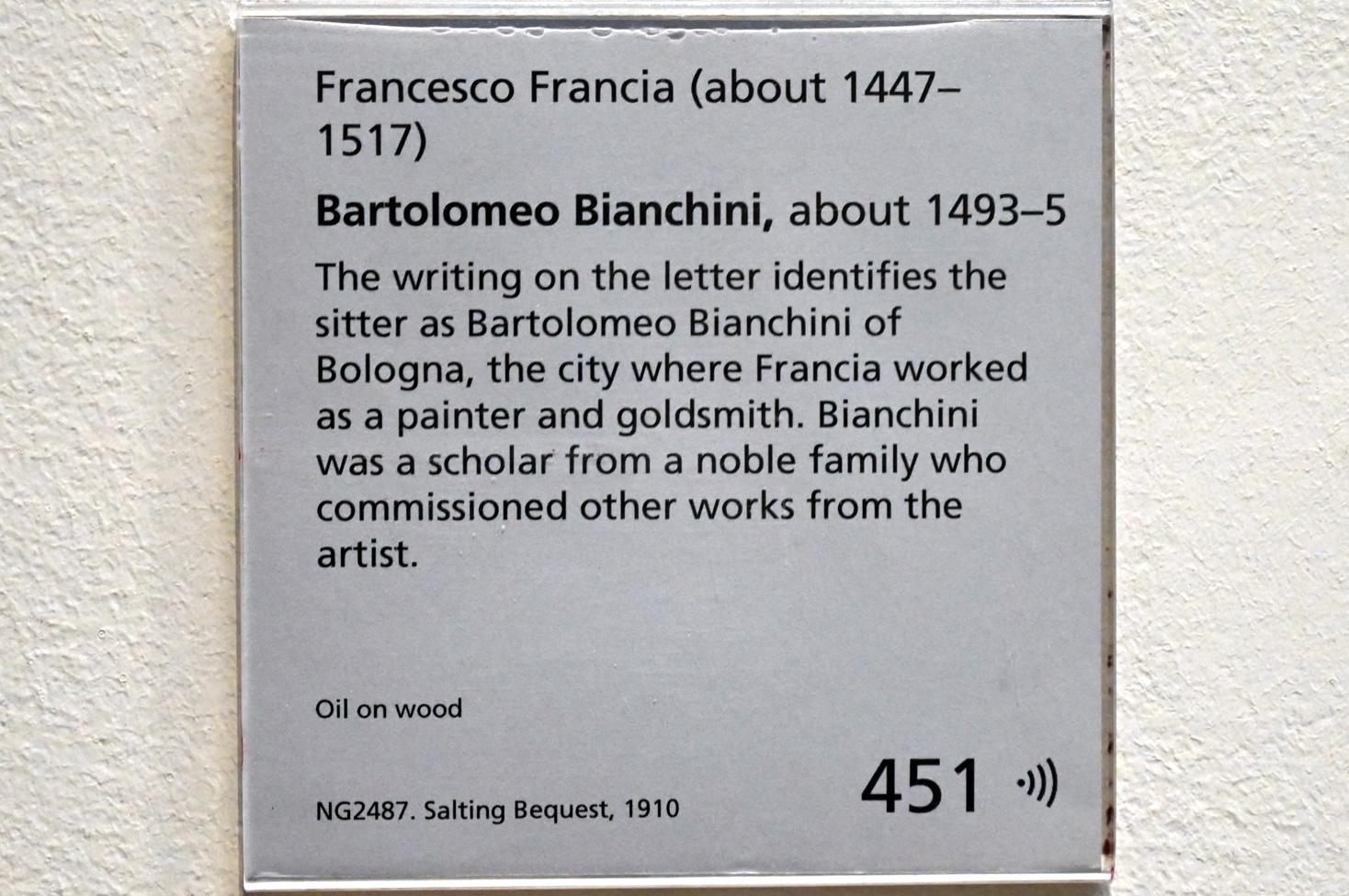 Francesco Francia (Raibolini) (1487–1515), Porträt des Bartolomeo Bianchini, London, National Gallery, Saal 57, um 1493–1495, Bild 2/2