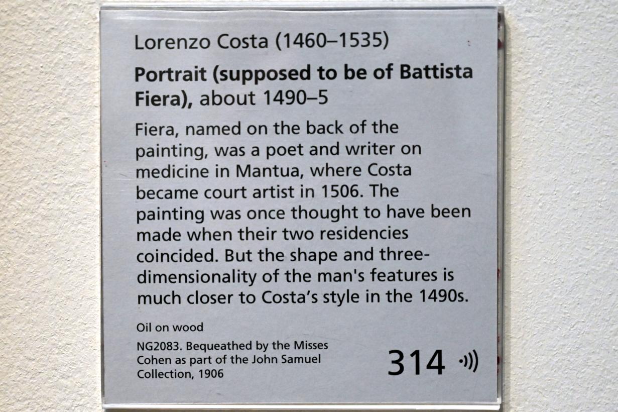 Lorenzo Costa der Ältere
 (1482–1522), Porträt eines Mannes (Battista Fiera?), London, National Gallery, Saal 57, um 1490–1495, Bild 2/2