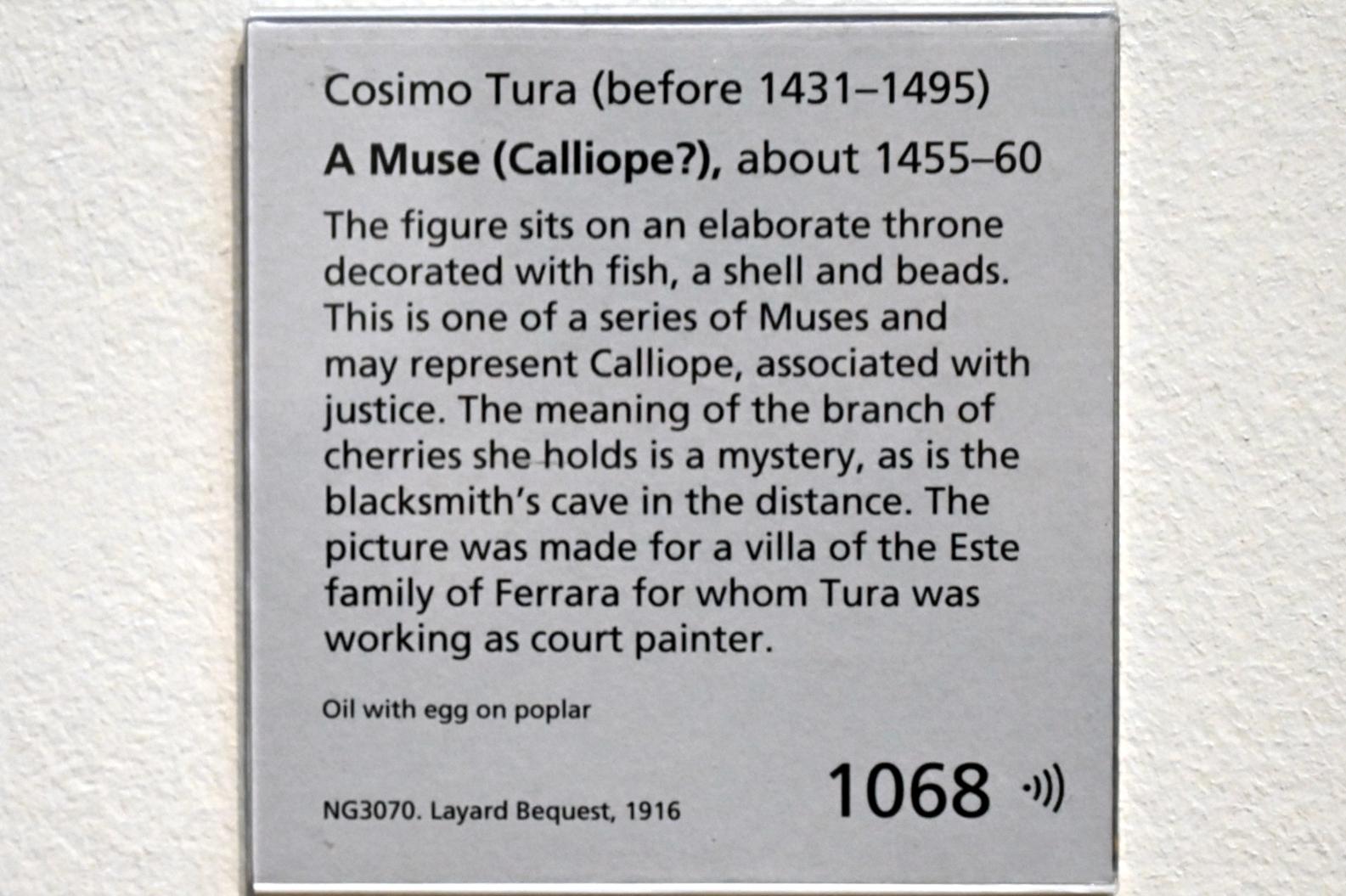 Cosmè (Cosimo) Tura (1457–1486), Muse (Kalliope?), London, National Gallery, Saal 57, um 1455–1460, Bild 2/2