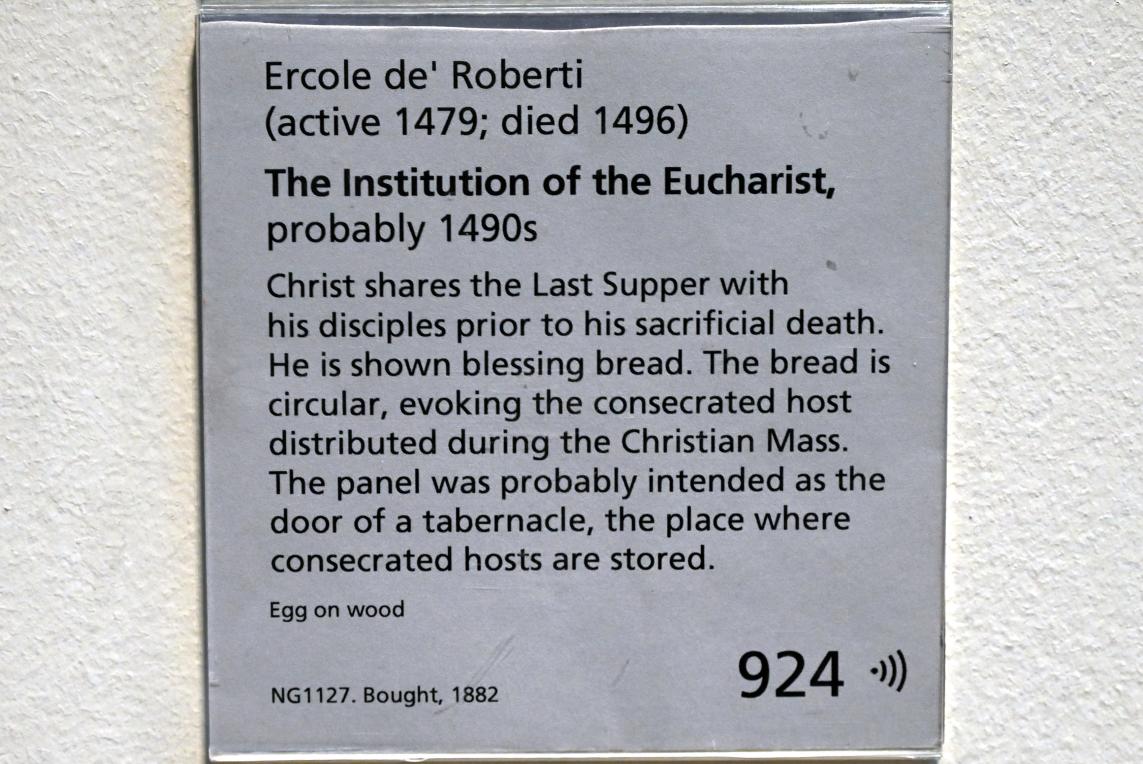 Ercole de’ Roberti (1473–1496), Die Einsetzung der Eucharistie, London, National Gallery, Saal 57, um 1490–1500, Bild 2/2