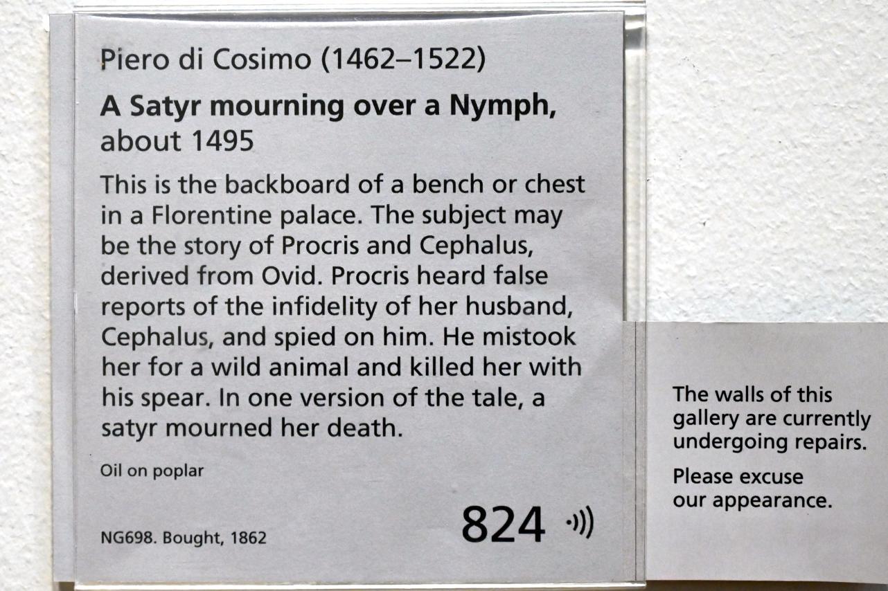 Piero di Cosimo (1481–1512), Ein Satyr, der um eine Nymphe trauert, London, National Gallery, Saal 59, um 1495, Bild 2/2