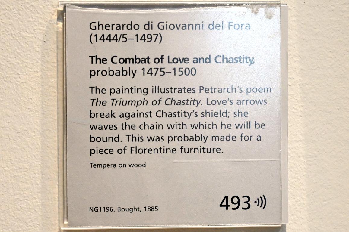 Gherardo di Giovanni del Fora (1485–1497), Der Kampf von Liebe gegen Keuschheit, London, National Gallery, Saal 59, um 1475–1500, Bild 2/2