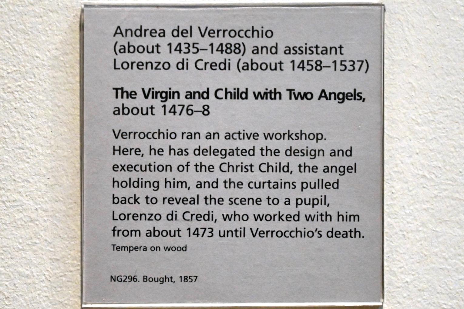 Andrea del Verrocchio (1468–1477), Maria mit Kind und zwei Engeln, London, National Gallery, Saal 59, um 1476–1478, Bild 2/2