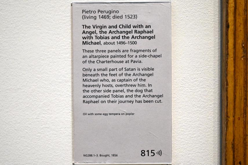 Pietro Perugino (Pietro di Cristoforo Vannucci) (1474–1517), Maria mit Kind und einem Engel, Pavia, Certosa di Pavia, jetzt London, National Gallery, Saal 61, um 1496–1500, Bild 2/2