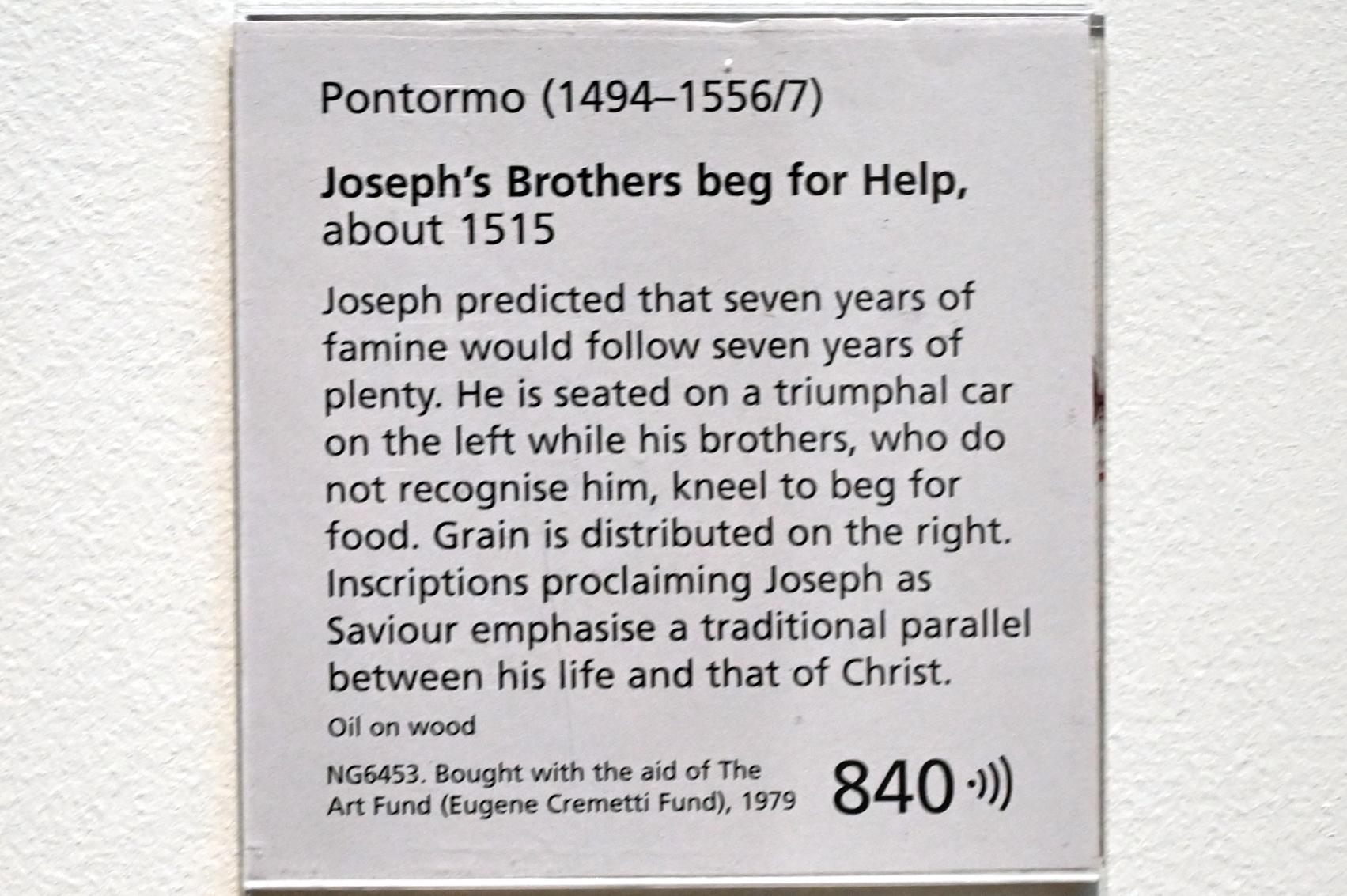 Jacopo da Pontormo (1515–1528), Josephs Brüder bitten um Hilfe, London, National Gallery, Saal 61, um 1515, Bild 2/2