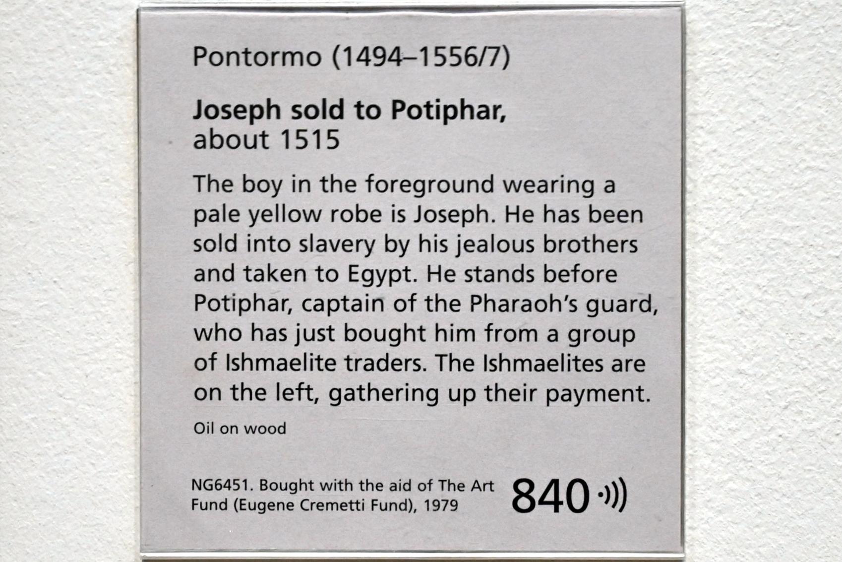 Jacopo da Pontormo (1515–1528), Joseph wird an Potiphar verkauft, London, National Gallery, Saal 61, um 1515, Bild 2/2