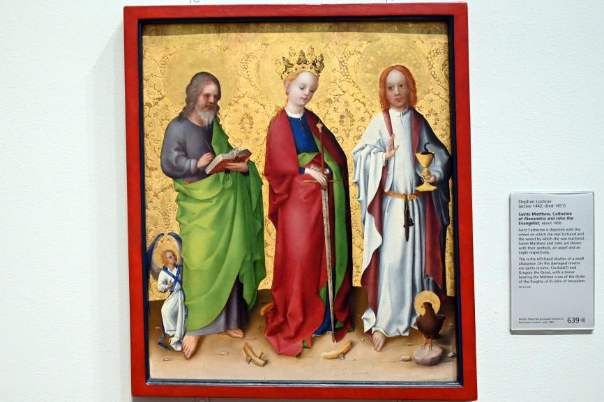 Stefan Lochner (Stephan Lochner) (1435–1450), Die heiligen Matthäus, Katharina von Alexandrien und Johannes der Evangelist, London, National Gallery, Saal 62, um 1450