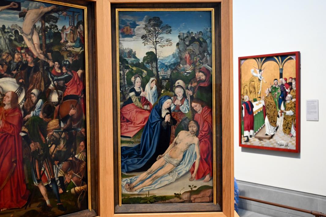 Meister des Aachener Altars (1492–1515), Kreuzigung, Christus vor Pilatus, Grablegung, London, National Gallery, Saal 62, um 1490–1495, Bild 4/7