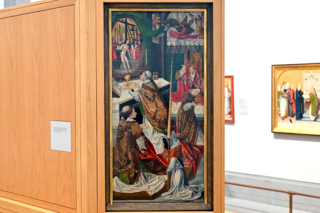 Meister des Aachener Altars (1492–1515), Kreuzigung, Christus vor Pilatus, Grablegung, London, National Gallery, Saal 62, um 1490–1495, Bild 6/7