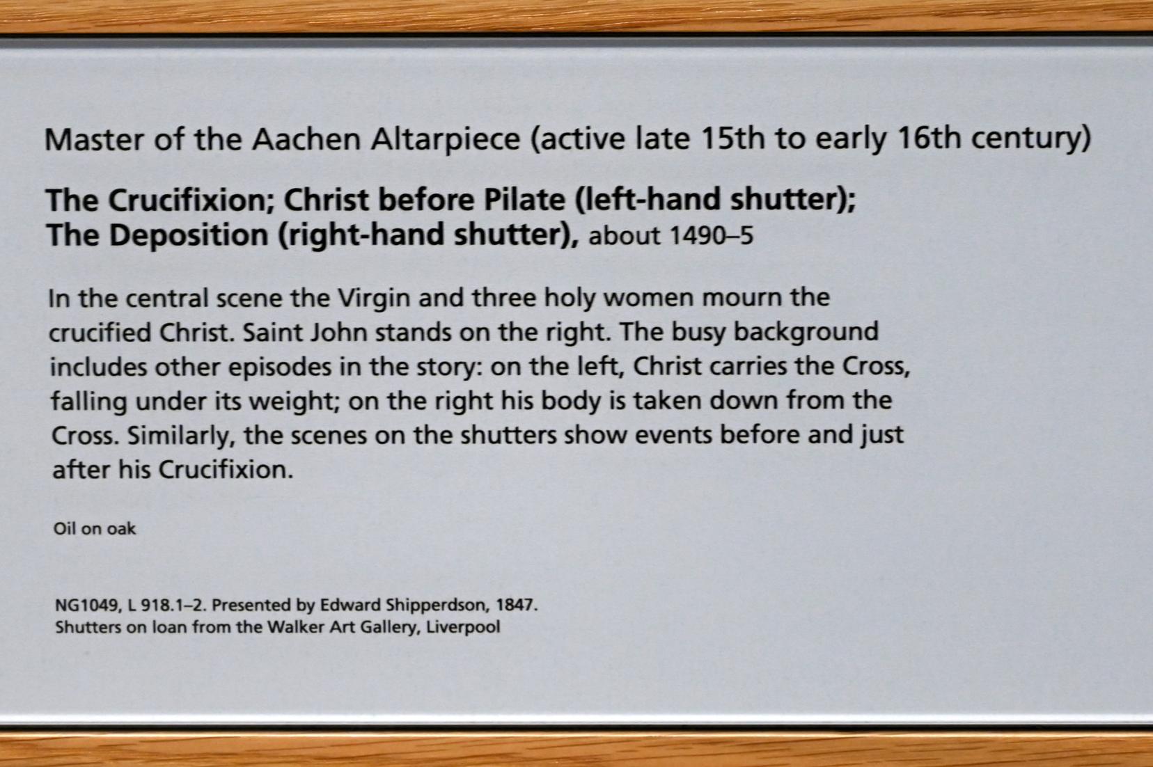Meister des Aachener Altars (1492–1515), Kreuzigung, Christus vor Pilatus, Grablegung, London, National Gallery, Saal 62, um 1490–1495, Bild 7/7