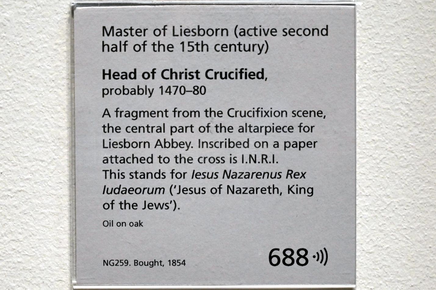 Meister von Liesborn (1475), Kopf des Gekreuzigten, Liesborn, Kloster Liesborn, jetzt London, National Gallery, Saal 62, um 1470–1480, Bild 2/2