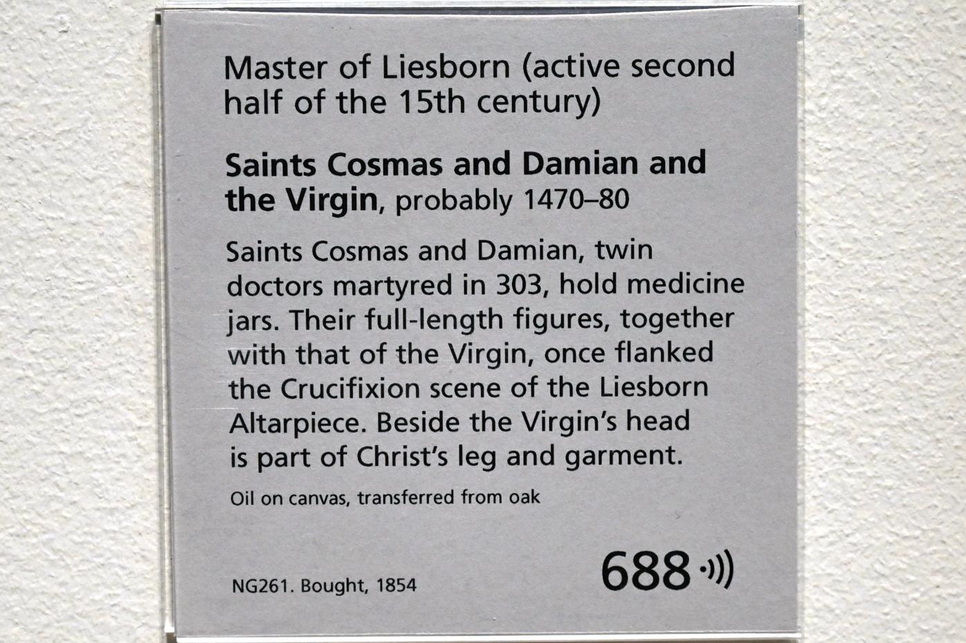 Meister von Liesborn (1475), Jungfrau Maria mit den Heiligen Cosmas und Damian, Liesborn, Kloster Liesborn, jetzt London, National Gallery, Saal 62, um 1470–1480, Bild 2/2