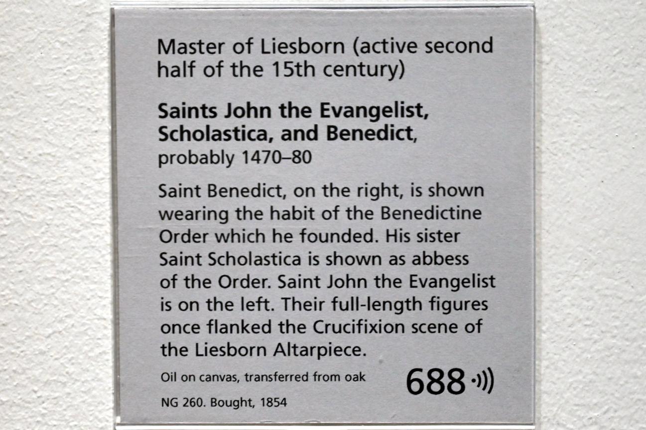 Meister von Liesborn (1475), Die Heiligen Johannes der Evangelist, Scholastika und Benedikt, Liesborn, Kloster Liesborn, jetzt London, National Gallery, Saal 62, um 1470–1480, Bild 2/2