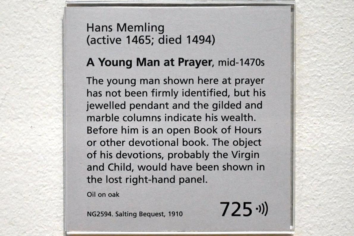 Hans Memling (1467–1491), Junger Mann beim Gebet, London, National Gallery, Saal 63, um 1473–1477, Bild 2/2