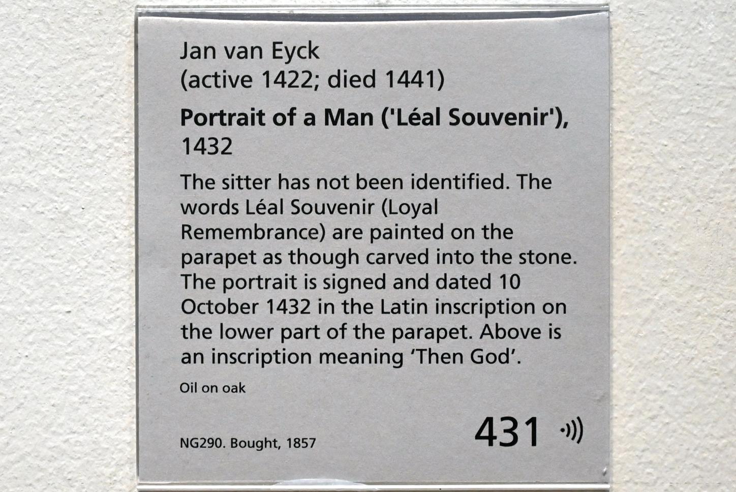 Jan van Eyck (1430–1441), Porträt eines Mannes ("Léal Souvenir"), London, National Gallery, Saal 63, 1432, Bild 2/2