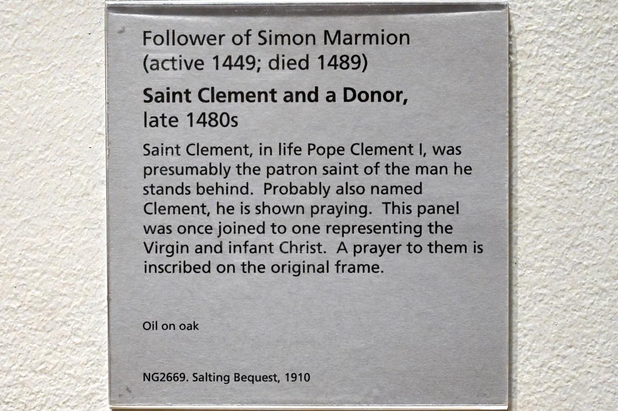 Simon Marmion (Nachfolger) (1489), Der heilige Clemens mit einem Stifter, London, National Gallery, Saal 64, um 1487–1490, Bild 2/2
